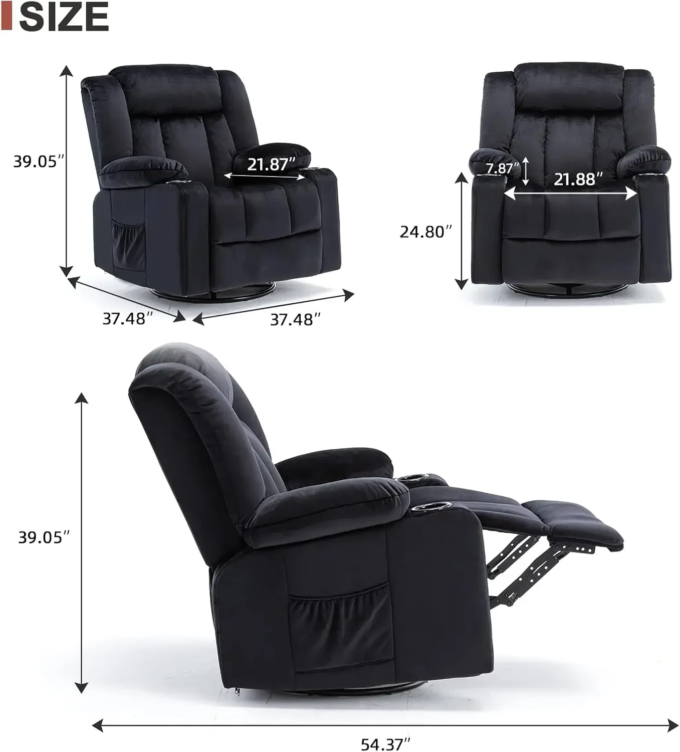 Recliner Chair Massage Rocker with Heated 360 Degree Swivel Lazy Boy Recliner Single Sofa Seat with Cup Holders