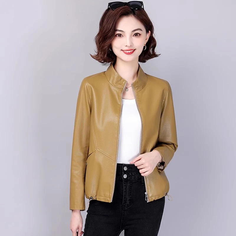 New Women Stand Collar Leather Jacket Spring Autumn Fashion Casual Drawstring Hem Short Leather Coat Split Leather Slim Jacket