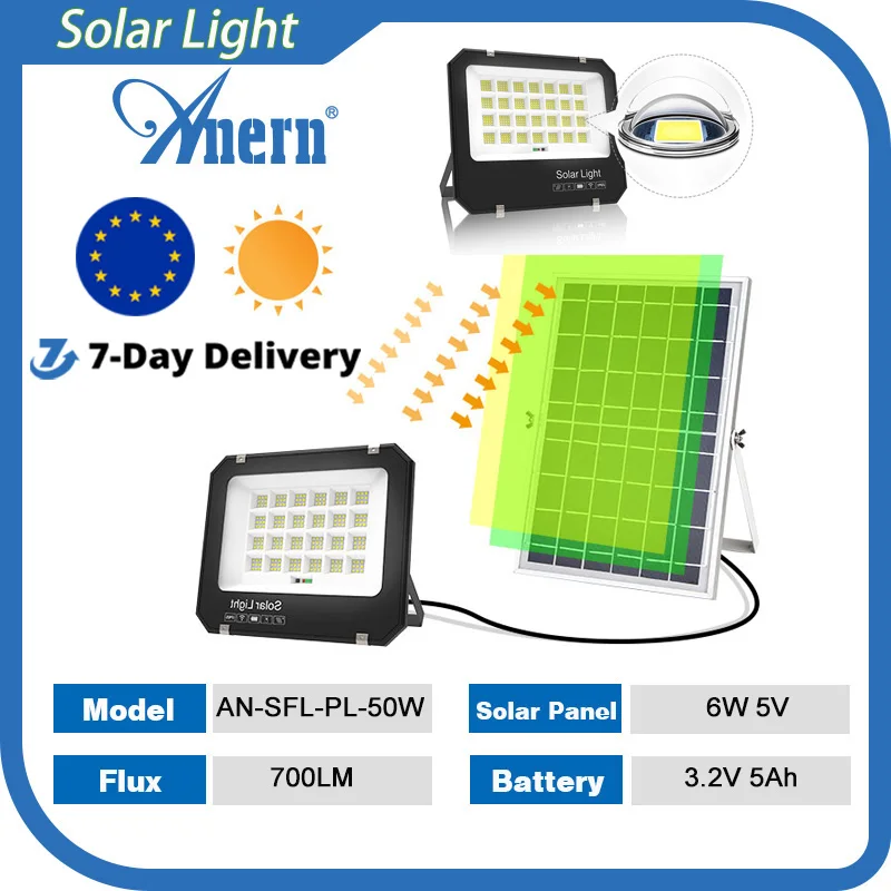 Anern 50W 550lm Solar Light 5V 6W Panel 4000mAh LiFePO4 IP65 Waterproof Remote Control Timer Dimmable Outdoor for Garden/Lawn EU