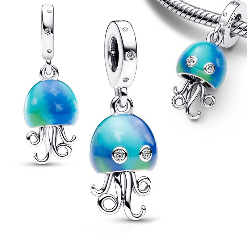 New Hot Selling 925 Silver Blue Enamel Butterfly Jellyfish Women's Logo Pendant For Original Bracelet DIY Fashion Charm Jewelry