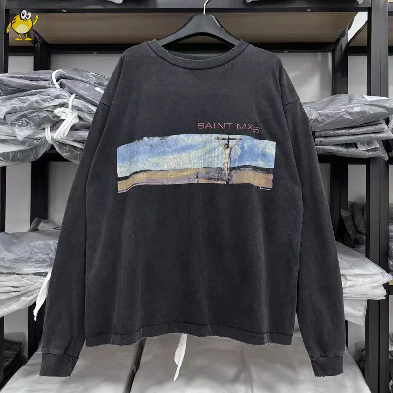 

Best Quality Streetwear High Street SAINT Long Sleeve T Shirt Men Woman 1:1 Retro New Top Tee Graphic Printing Loose Washed