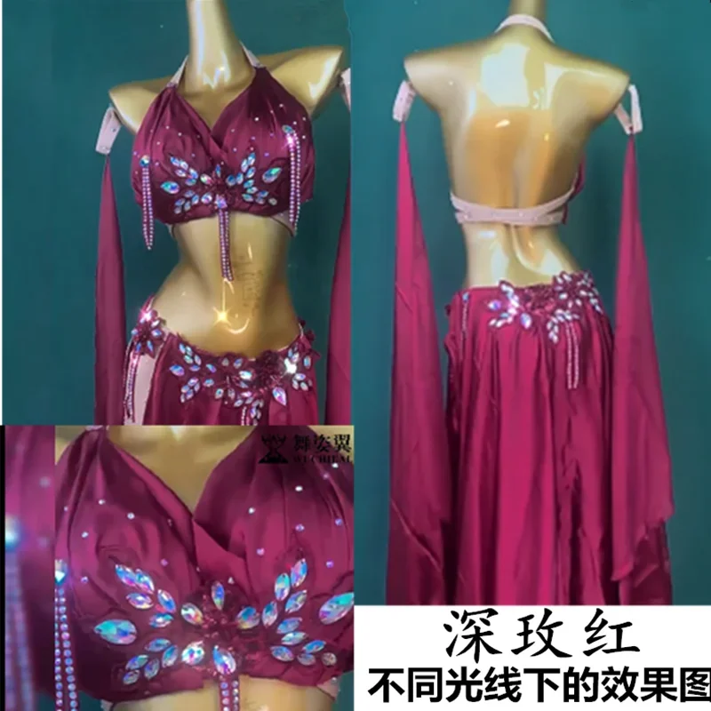 Kostium do tańca brzucha, nowy zestaw: top zdobiony cyrkoniami i długa spódnica z rozcięciem, strój do występów tanecznych na scenie, odzież dla kobiet do tańca orientalnego.