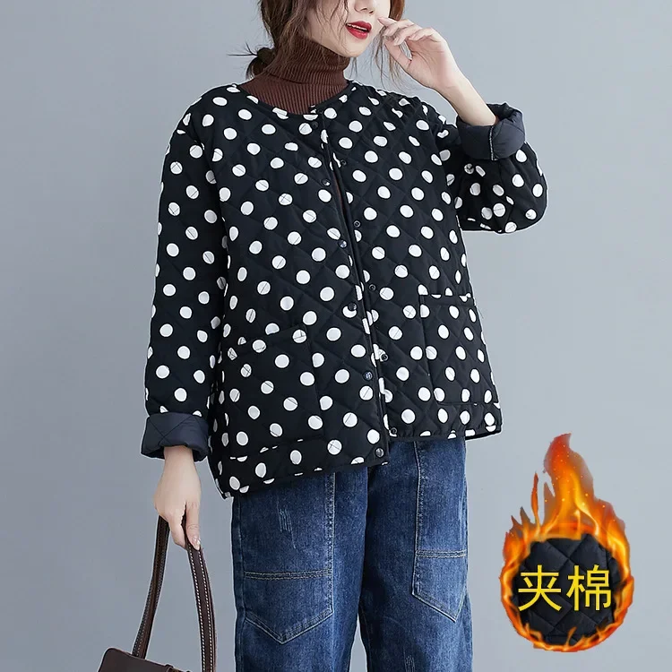 Polka Dot Warm Lightweight Cotton Jacket with Pocket Coat Women 2023 Autumn Winter Female Casual Loose Outfit Plus Size Outwear