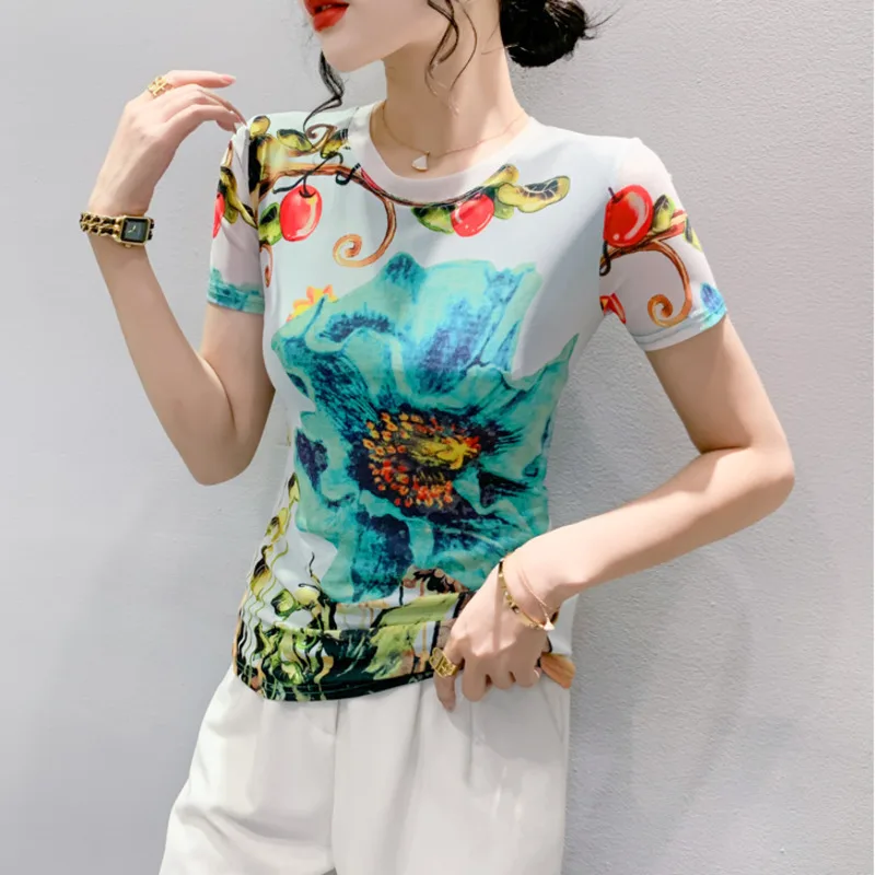 #5422 3d Print Tshirt Women Short Sleeve Summer Vintage T-shirt Thin Sexy Elastic Women\'s T-shirt Floral Short Women\'s Tee Shirt