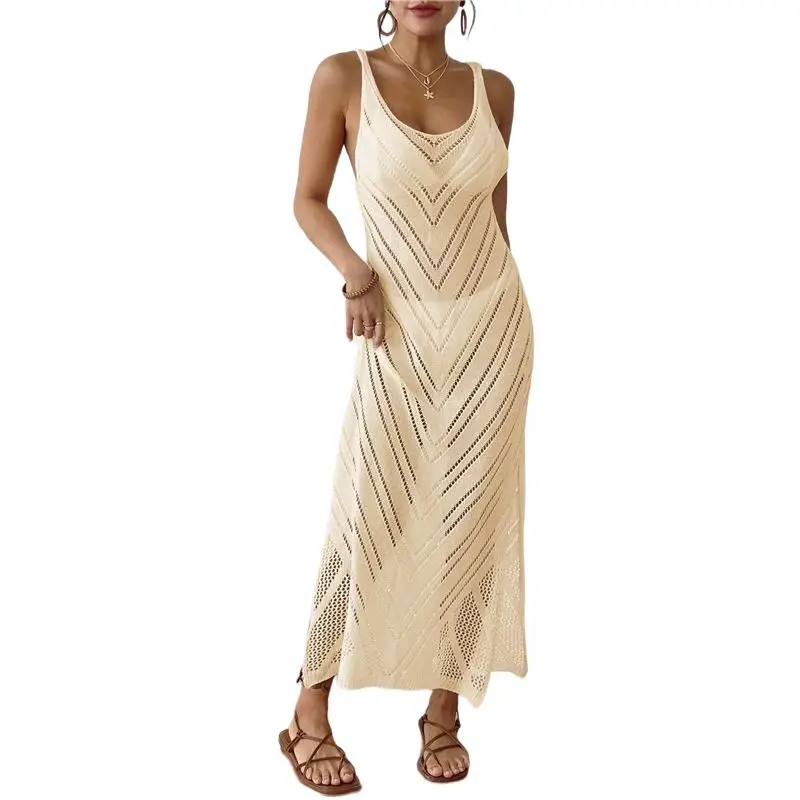 

ABUE-Women's Crochet Coverups Sleeveless Beachwear Dresses Side Slit Maxi Beachwear