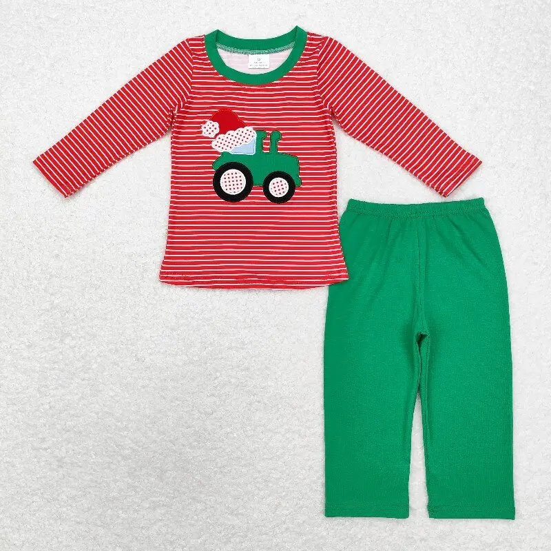 9.24yChristmas Hat Truck Embroidery Cotton Western Clothes Red Stripe Long-Sleeved Top with Green Pantsuit Casual Animal Pattern