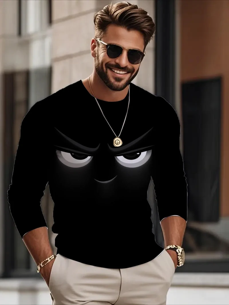 

Funny 3D Letter Print T Shirt For Men Fashion Solid Color Long Sleeved T-Shirts Casual O-neck Sports Tops Autumn Loose Pullover