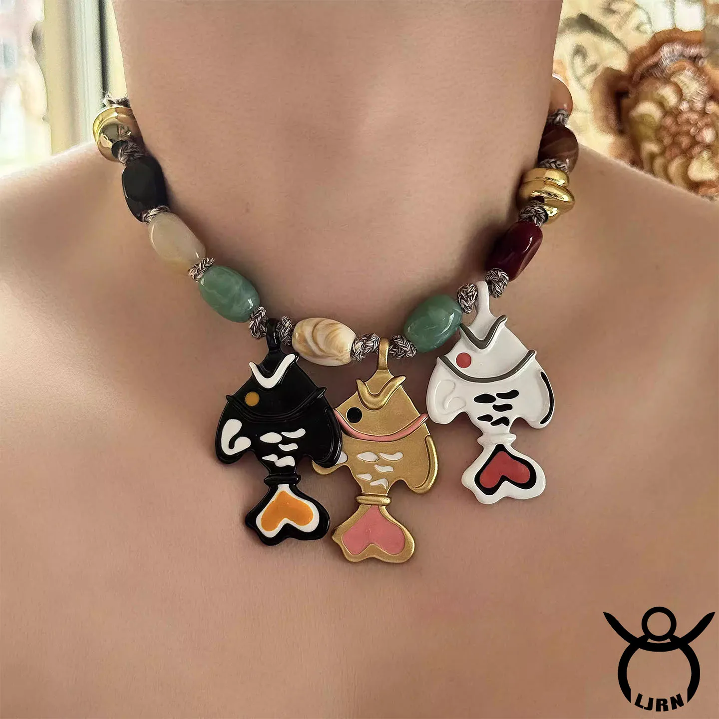 

2025 Retro Colorful Fish Multicolor Gemstone Beaded Necklace Elegant Women's Luxury Jewelry Party Accessory Gift NEW