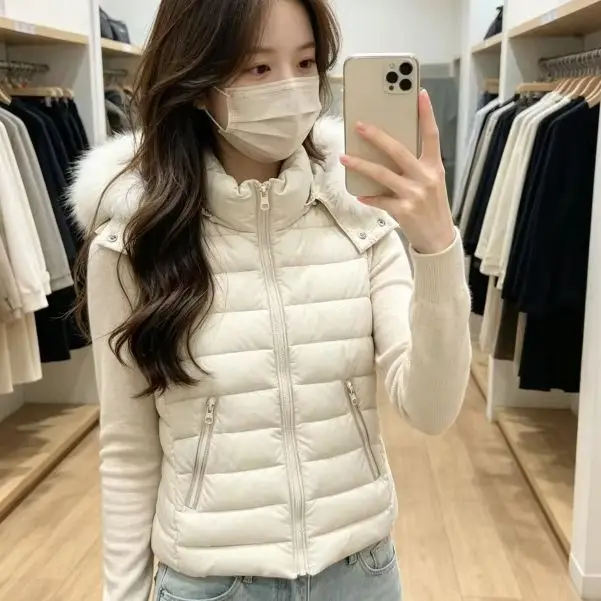 Women Faux Fur Collar Hooded Slim Vest Zip‑Up Slim Fit Sleeveless Waistcoat Gilet Autumn Warm Casual Ladies Outerwear Coat