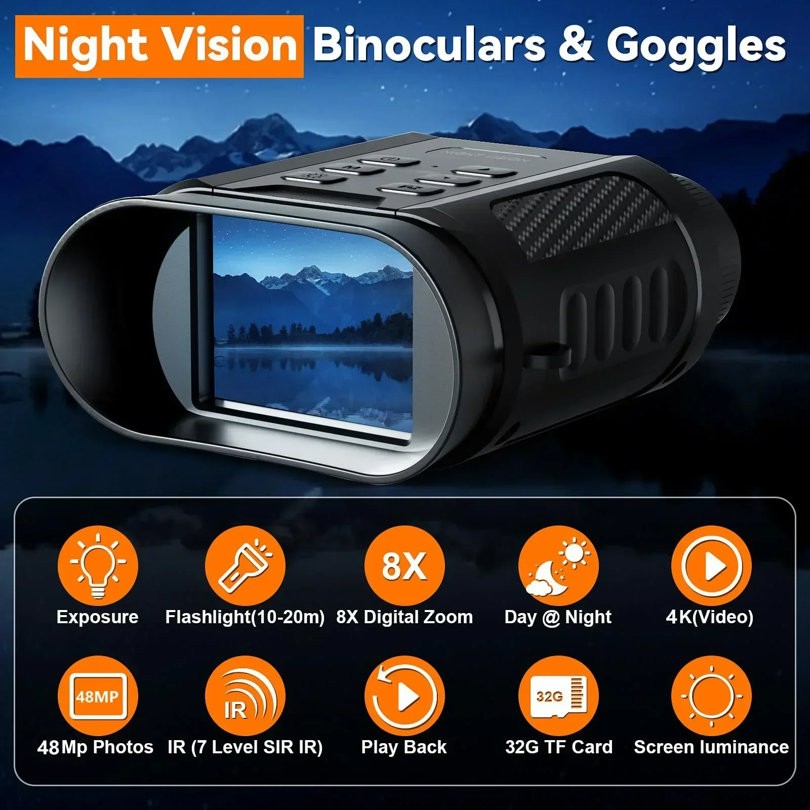 Night Vision Goggles 4K HD IR Binoculars 8X Digital Zoom Rechargeable Flashlight Binoculars Save Photos and Videos for Camping