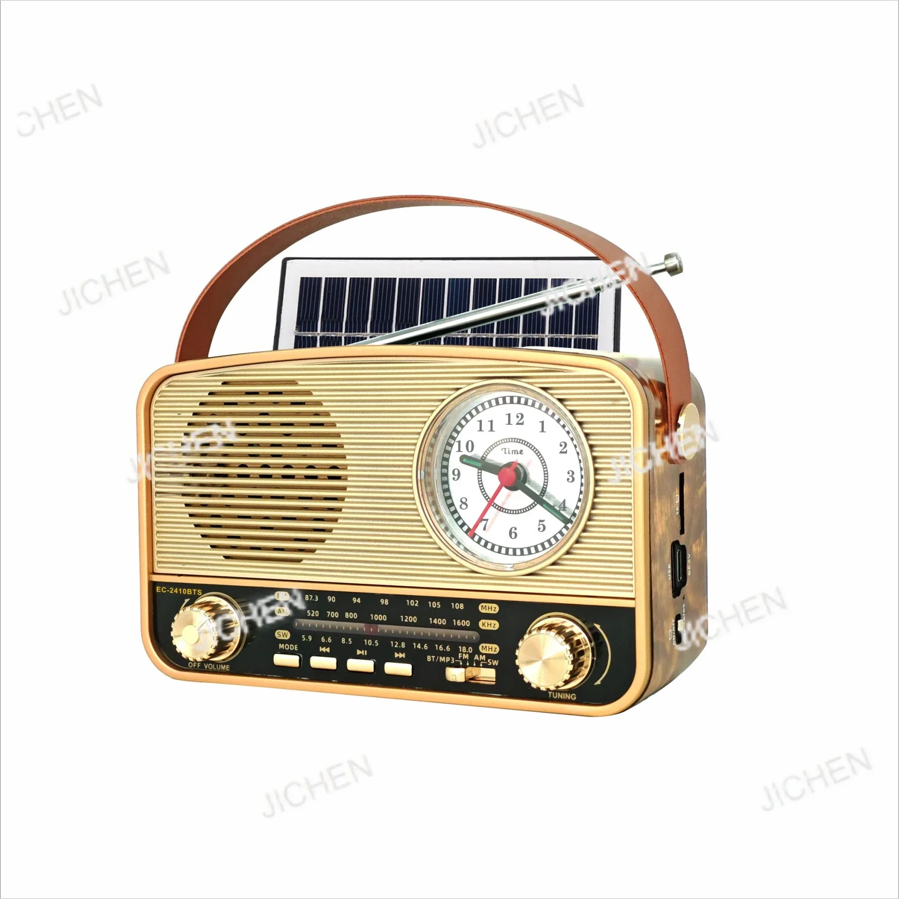 HS Tragbare Vintage-Uhr, Vollband-Solar-Multifunktionsradio, Bluetooth-Player, 2410S