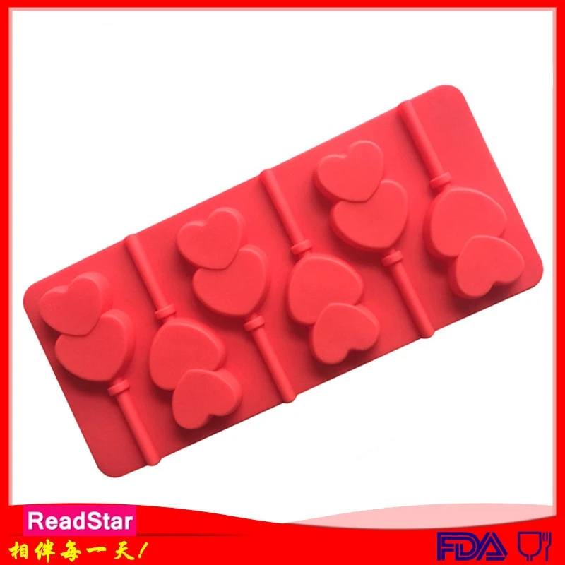 20PCS/LOT ReadStar 6CO045RD089 6 Cavities Double Heart Lollipop  Chocolate Silicone Mold 6 Holes Baking Mould DIY Soap Mold