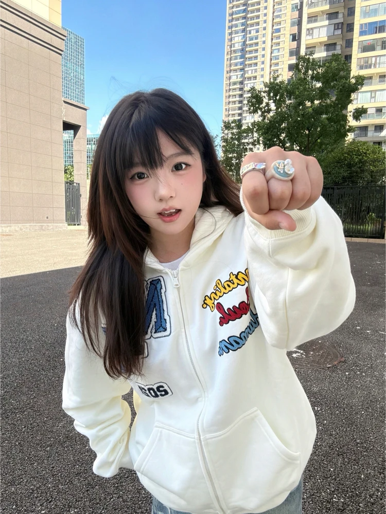 

American High Street Embroidered Letter Hoodie Women's Autumn Winter Thiened Lazy Sle Couple Zipper Jaet