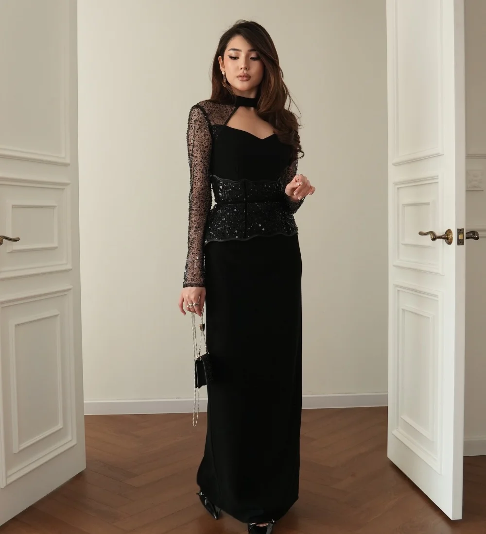 

Customized Black Sparkle Intricate Jersey Beading Sequined Straight High Collar Floor-Length Evening Dresses Sizes Available