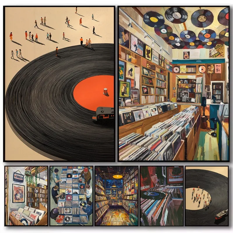 Retro Vinyl Record Store Minimalist Tiny Figure Chic Music Illustration Poster Wall Art Pictures Canvas Painting Home Decor