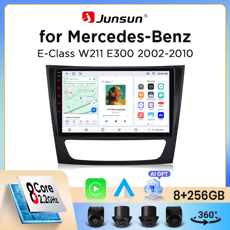 Autoradio Junsun sans fil CarPlay Android Auto pour Mercedes-Benz Classe E (W211) 2002-2009 avec ventilateur de refroidissement intégré, navigation GPS Android, lecteur multimédia, WiFi, DSP, RDS, BT,