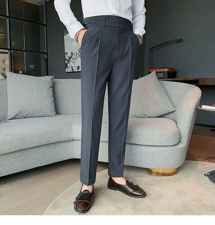 Men High Quality Elegant Slim Dress Pants Naples Suit Pants High Waisted Italian Business Formal Social Trousers Banquet Wedding