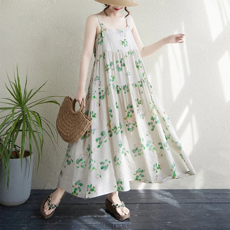 Summer New Cotton Linen Print Thin Splicing Long Dr Strapl Loose Slimming Cake Skirt High Waist Commute Sle Maxi Dr