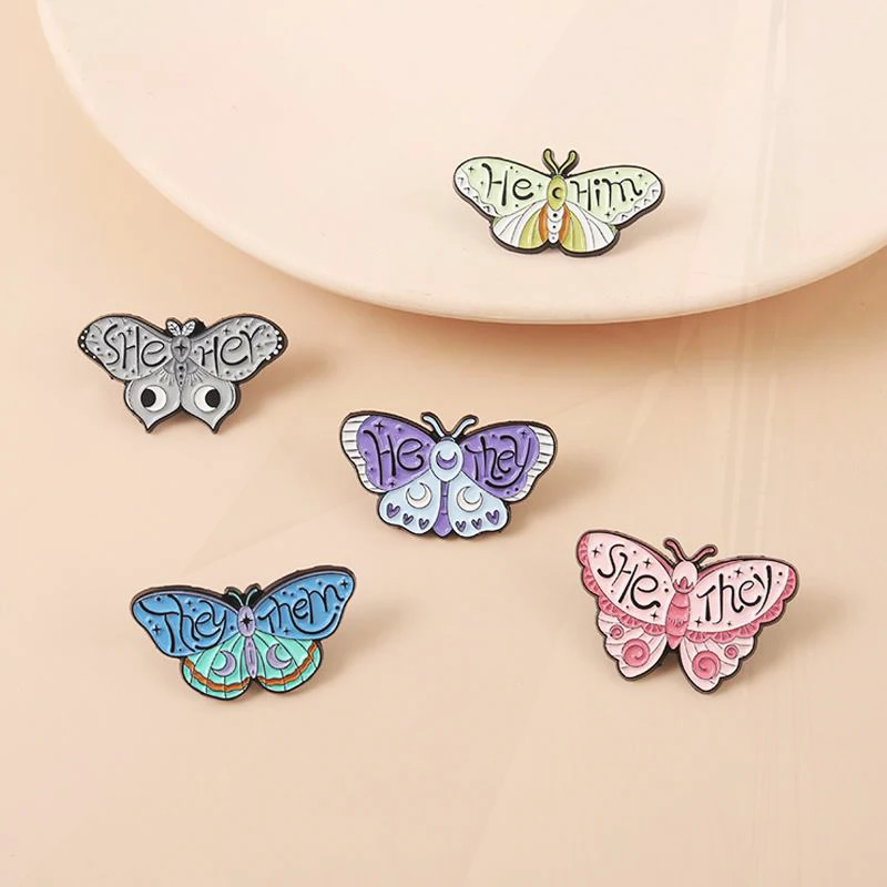 THEY THEM Pines Lapel Badges Insect Jewelry Gift for Kids Friends Butterfly Pronouns Enamel  Brooch Custom SHE HER HE HIM