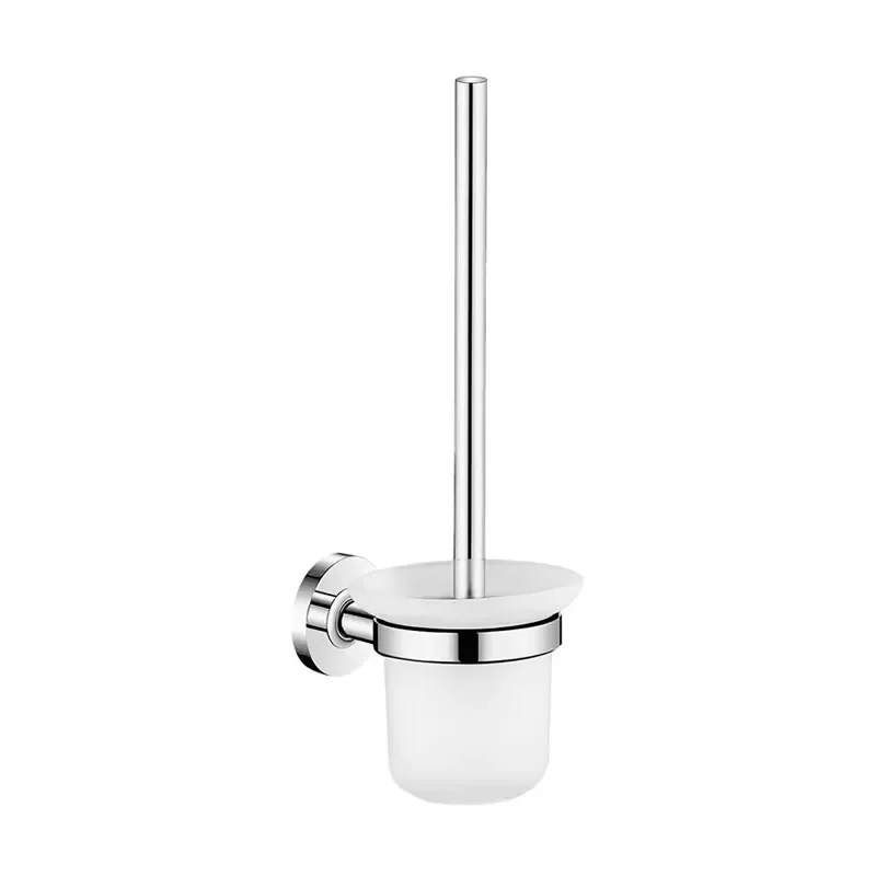 Modern Durable Wall Mounted Brass Chrome Plated Base Toilet Brush Set with Round Clear Glass for Bathroom