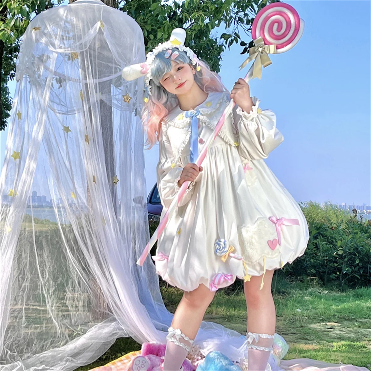 Japanse Leuke Lolita Cosplay Op Zoete Meisje Peter Pan Kraag Lint Strik Sterren Candy Pluizige Wolken Lantaarn Mouw Vrouwen Jurk