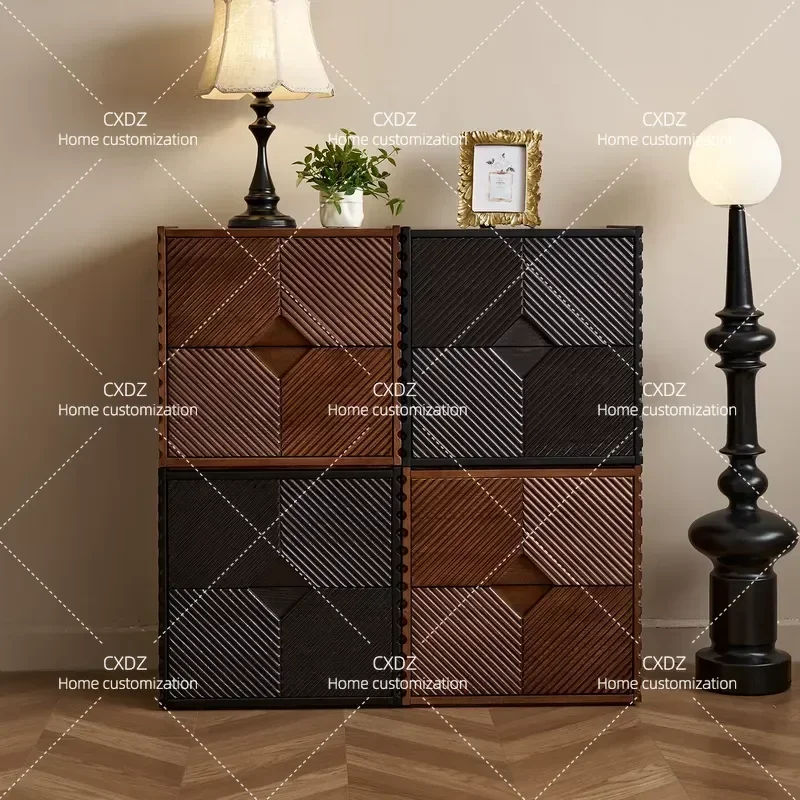 French Solid Wood Chest Combination Cabinet Living Room Bedroom Antique Storage Locker Geometric Color Matching Retro Card