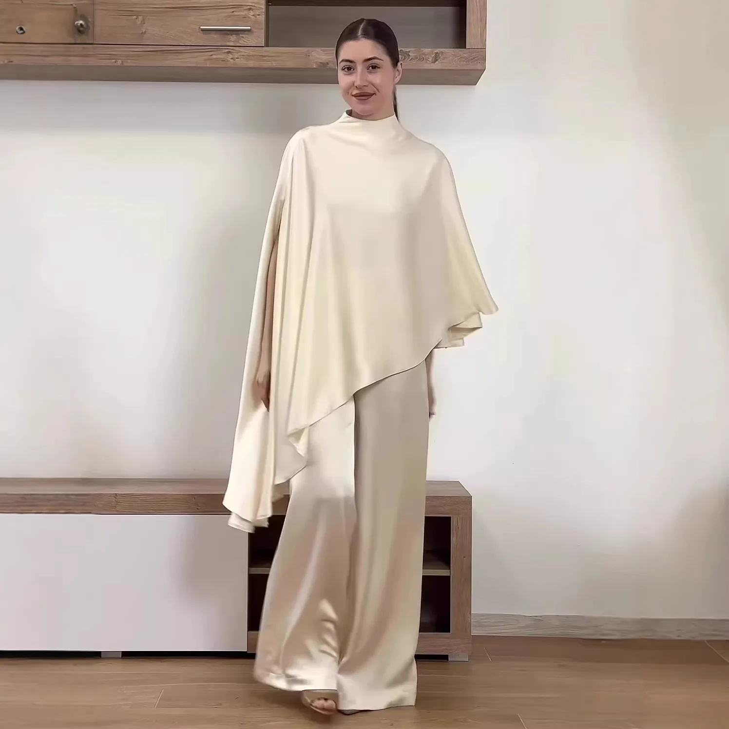 

2026 Fashion Women's Long Sleeve Irregular Top High Waist Skinny Wide Leg Pants Set