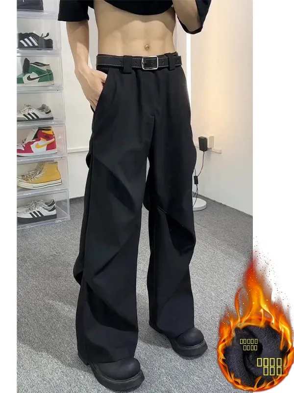 

American Casual Men's Autumn Winter Thiened Fce Lined Warm Wide Leg Pants Loose Street Sle Trendy Brand Youth Faion