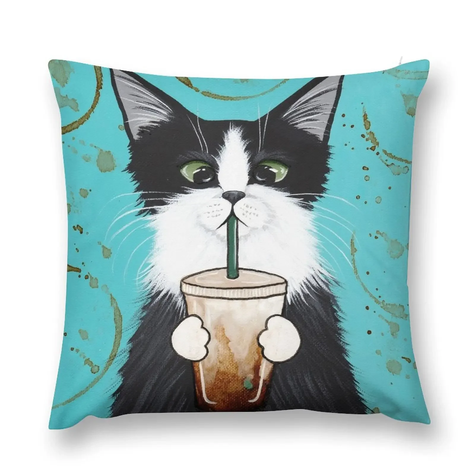 

Tuxedo Cat with Iced Coffee Throw Pillow bed pillows Covers For Sofas Christmas Covers For Cushions Pillow Cover pillow