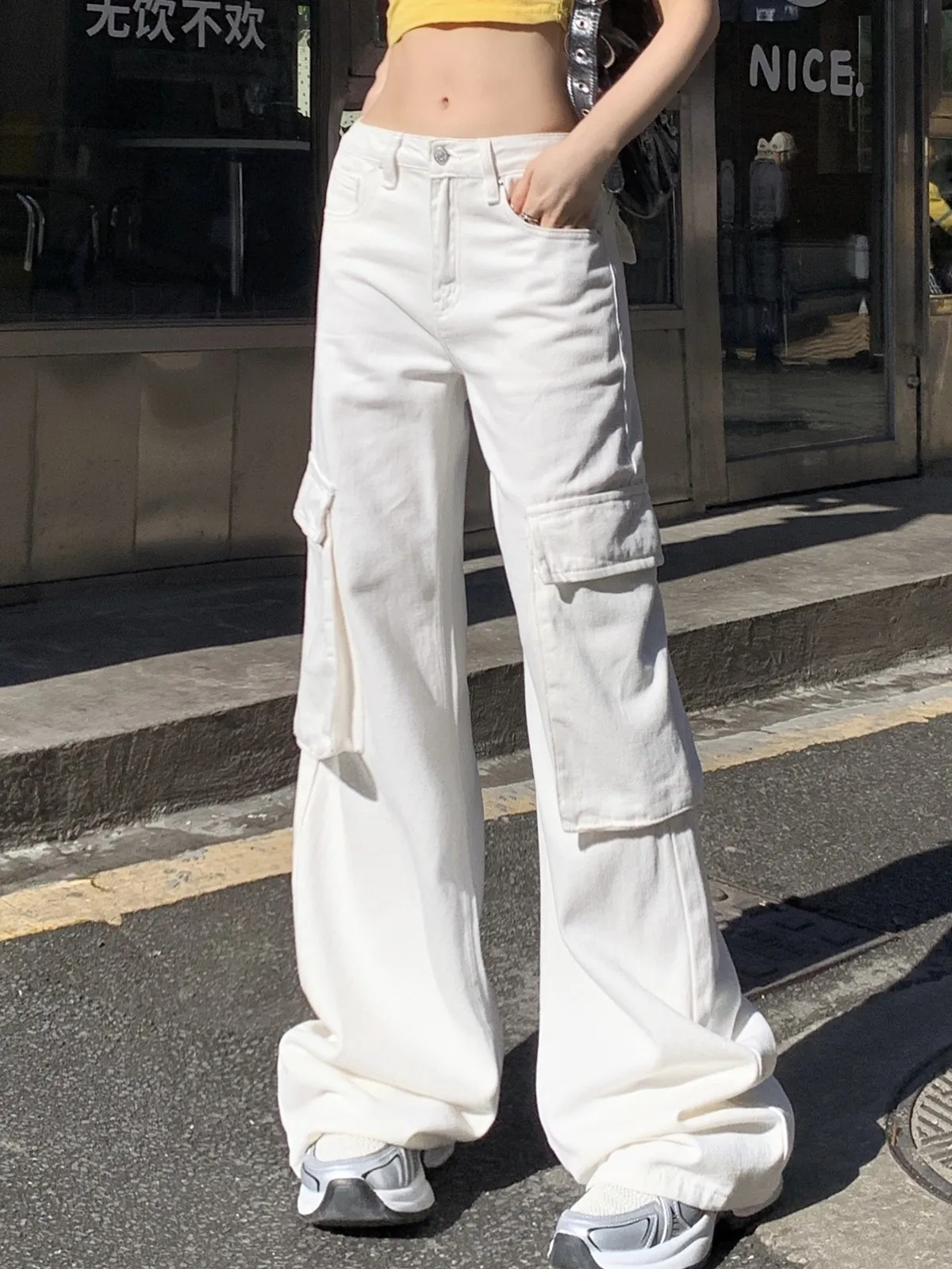 

ZHISILAO New White Pocket High Waist Straight Jeans Women Y2k Cargo Denim Pants Streetwear 2024