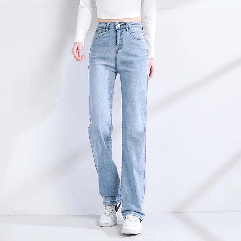 OUSSYU Jeans Women Straight Cotton High Waist Denim Pants Solid Color Black Blue Stretch Urban Fashion Vintage Baggy Trousers