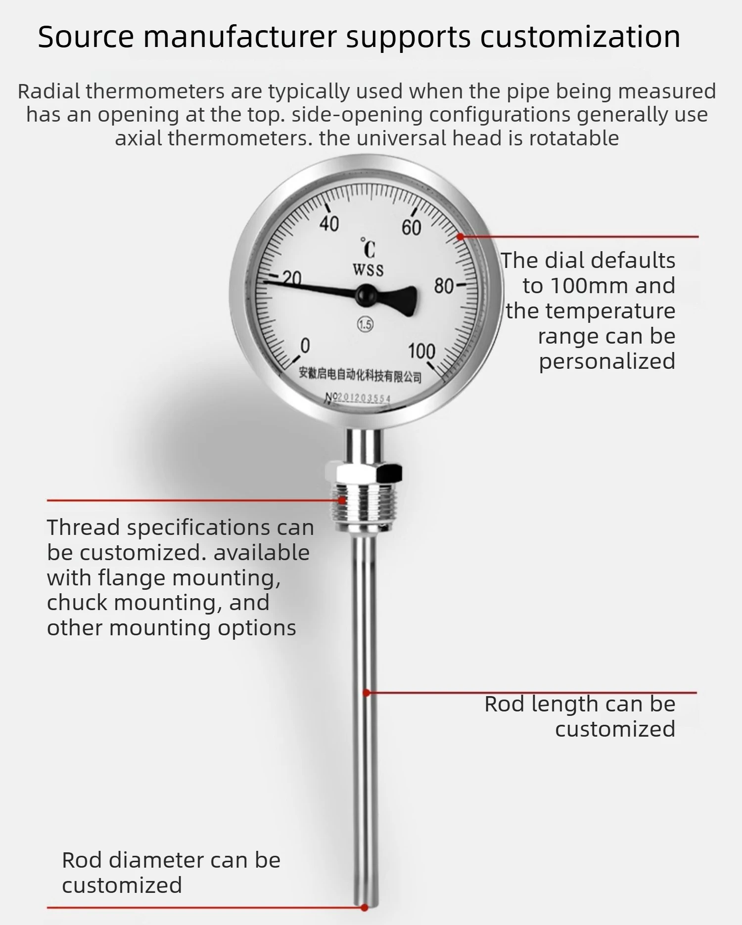 WSS Bimetal Ther mo meter Stainless Steel | Radial/Axial Shockproof Corrosion-Resistant for Boiler & Pipeline