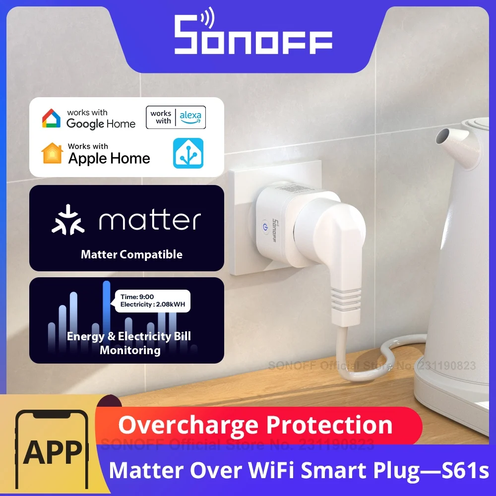SONOFF S61sTPF Smart WLAN-Steckdose 16A 3840W Matter-Kompatibel Energieverbrauch-Überlastschutz Sprachsteuerung mit Alexa Google Home