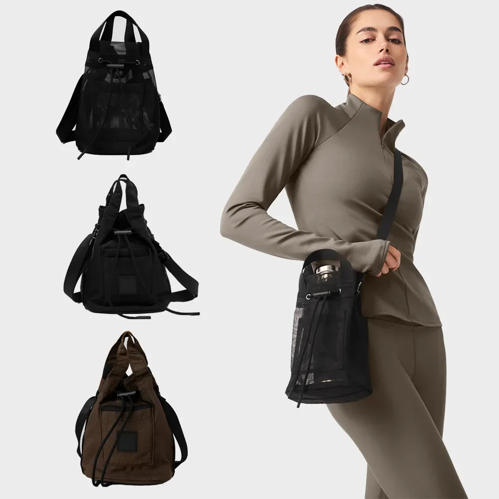 Yoga Versatile Fashion Crossbody Mesh Bucket Bag Black Casual Women's Portable Outdoor Shopping Storage Bag