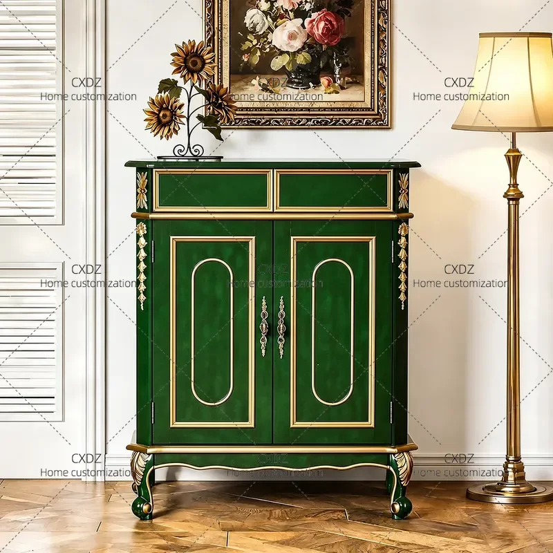 Retro Solid Wood Entryway Shoe Cabinet Large Capacity Foyer Storage Locker Engraved Design for Living Room and Entrance Hall