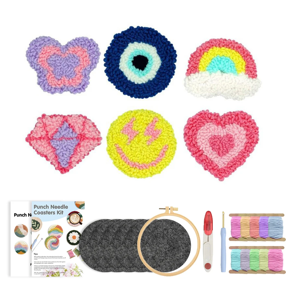 

6PCS Punch Needle Embroidery Coaster Starter Kits for Adults Beginners Handcraft Punch Needle Kits Home Decor
