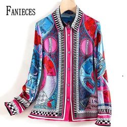 FANIECES 3XL Shirts Blouses Vintage Print Long Sleeve Turn-down Collar Women Blouse Top Lapel blusas mujer elegantes y juveniles