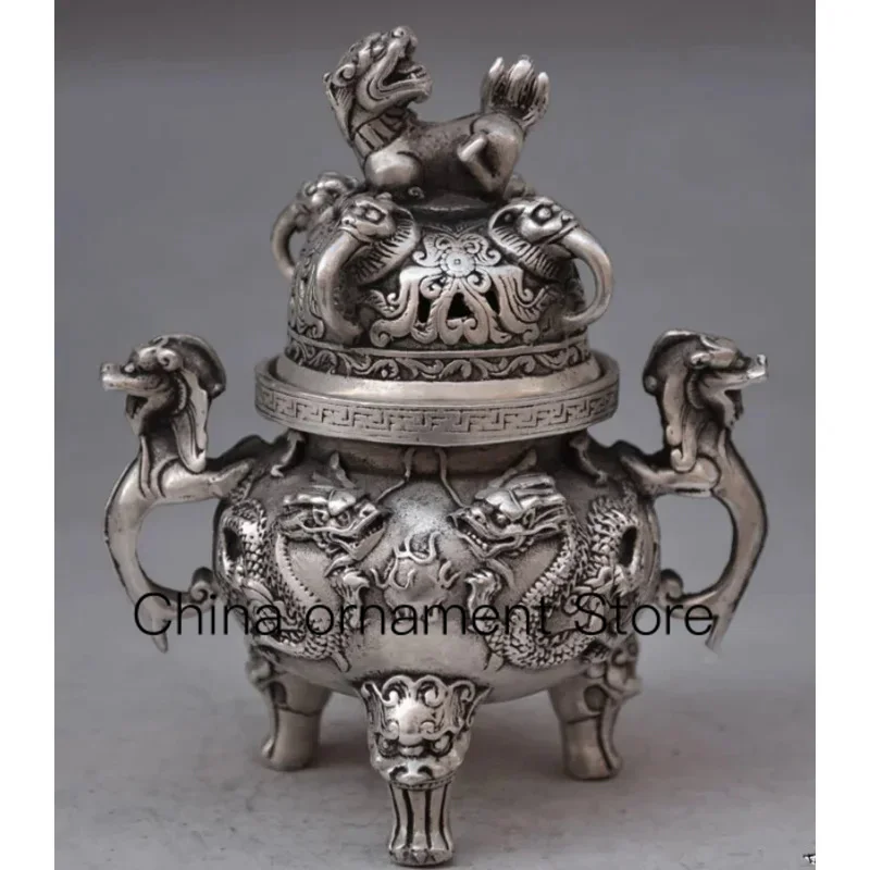 

SUIRONG---607 Chinese buddhist manual old silver copper dragon lion statues incense burner