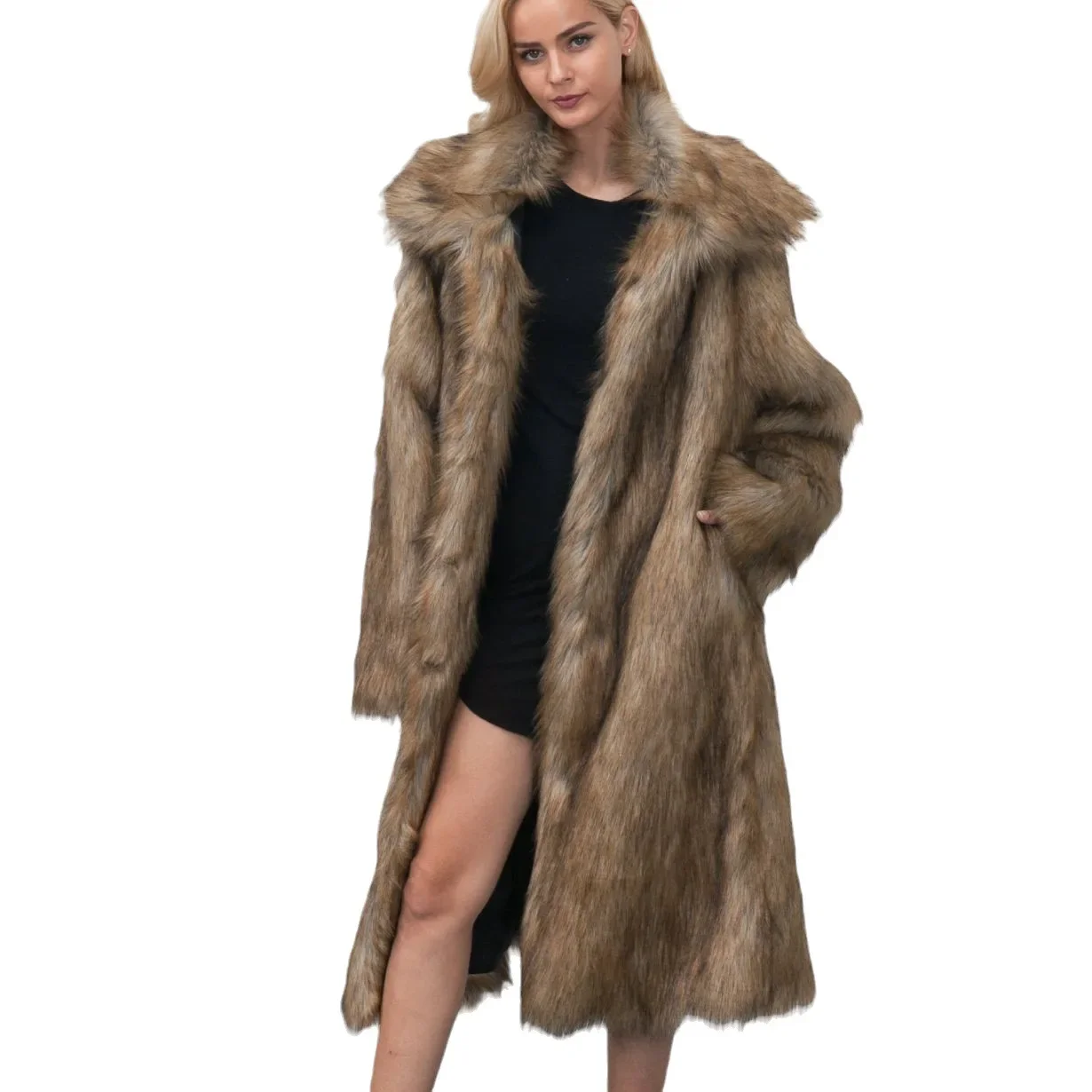 Faux Fur Coat Women Autumn Winter Warm Loose Brown Long Coats Turn Down Collar Long Sleeve High Waist Maxi Elegant 2025 Jacket