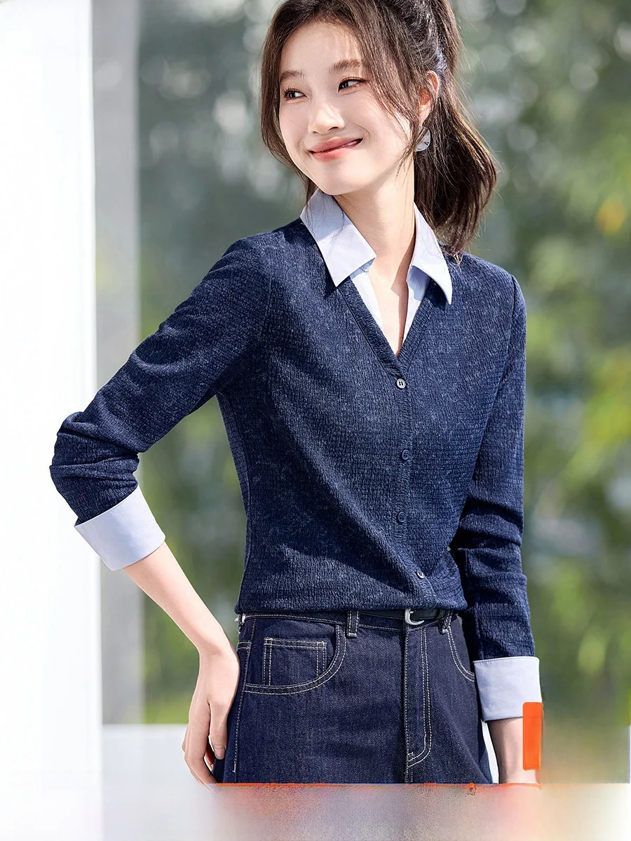 

Ele Slim Fit irt V Ne Color Blo Faion Top Spring 2026 New Sle Two Piece Look Polyester Long Sve Women's Blouse