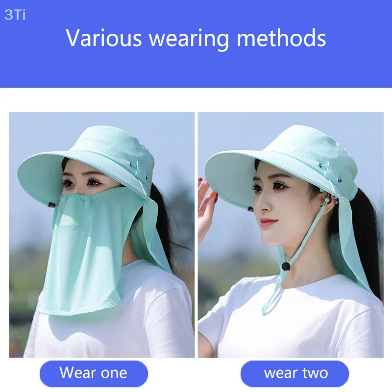여성 와이드 브림 페이스 마스크 태양 모자 분리형 목 페이스 플랩 포니 테일 UV 보호 바이저 모자 정원 낚시 하이킹
