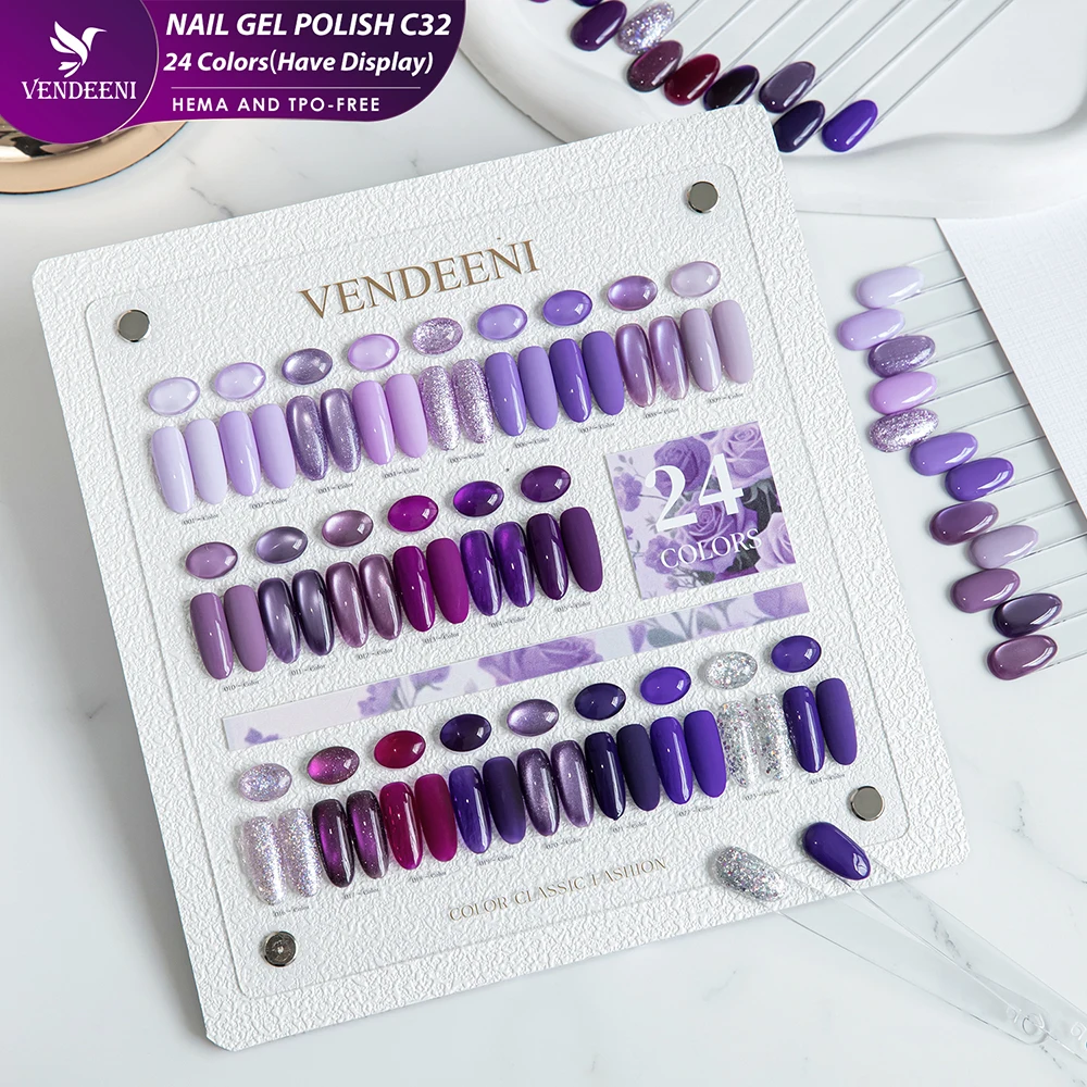 

Vendeeni 24 Colors Purple Gel Nail Polish Mixed Set Glitter Sequins UV Soak Off Gel Varnish Magnetic Cat Eye Gel With Display