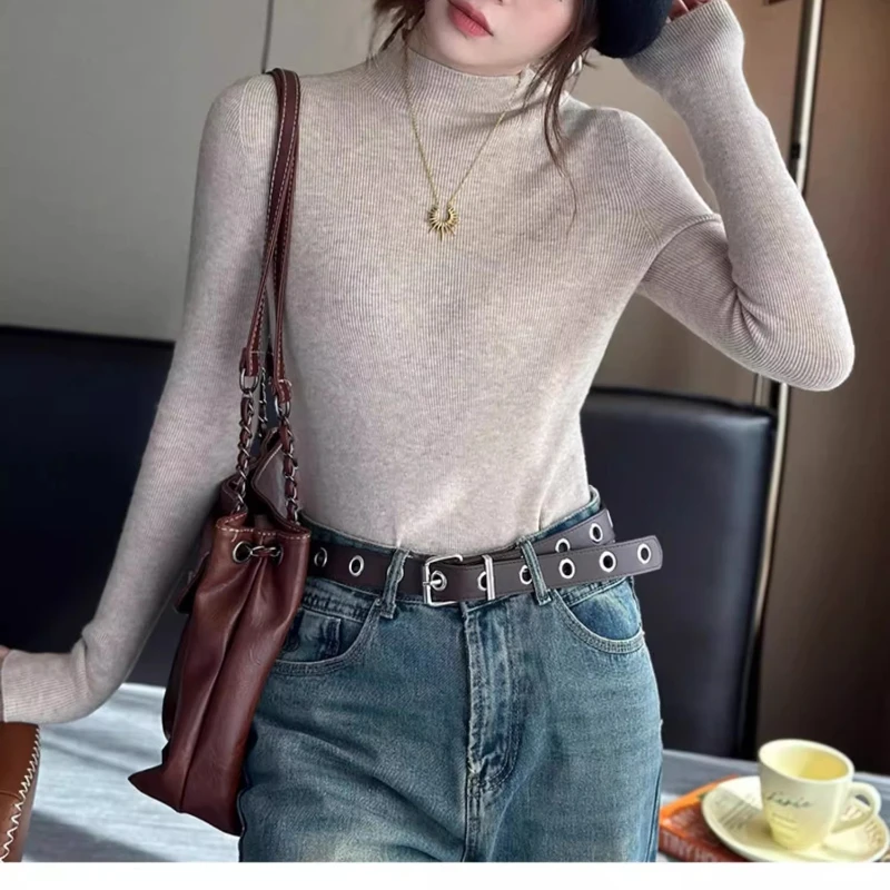 محبوك قميص المرأة البلوز سترة قاع القمصان الخريف الشتاء الإناث طويلة الأكمام وهمية الرقبة مطاطا سليم البلوزات متماسكة القمم