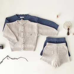 Autumn Spring Baby Girl Clothes Suit Long Sleeved Solid Color Knitted Cardigan Sweater+Shorts Kids Knitted Clothing Set