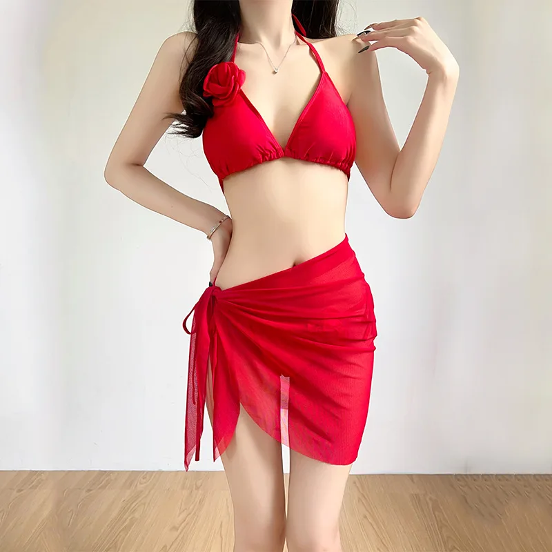 أطقم بكيني مثيرة ثلاثية الأبعاد على شكل زهرة kpop مكونة من ثلاث قطع ملابس سباحة عادية مع تنورة غطاء ملابس سباحة ملابس شاطئ بيكيني حلو تانكيني