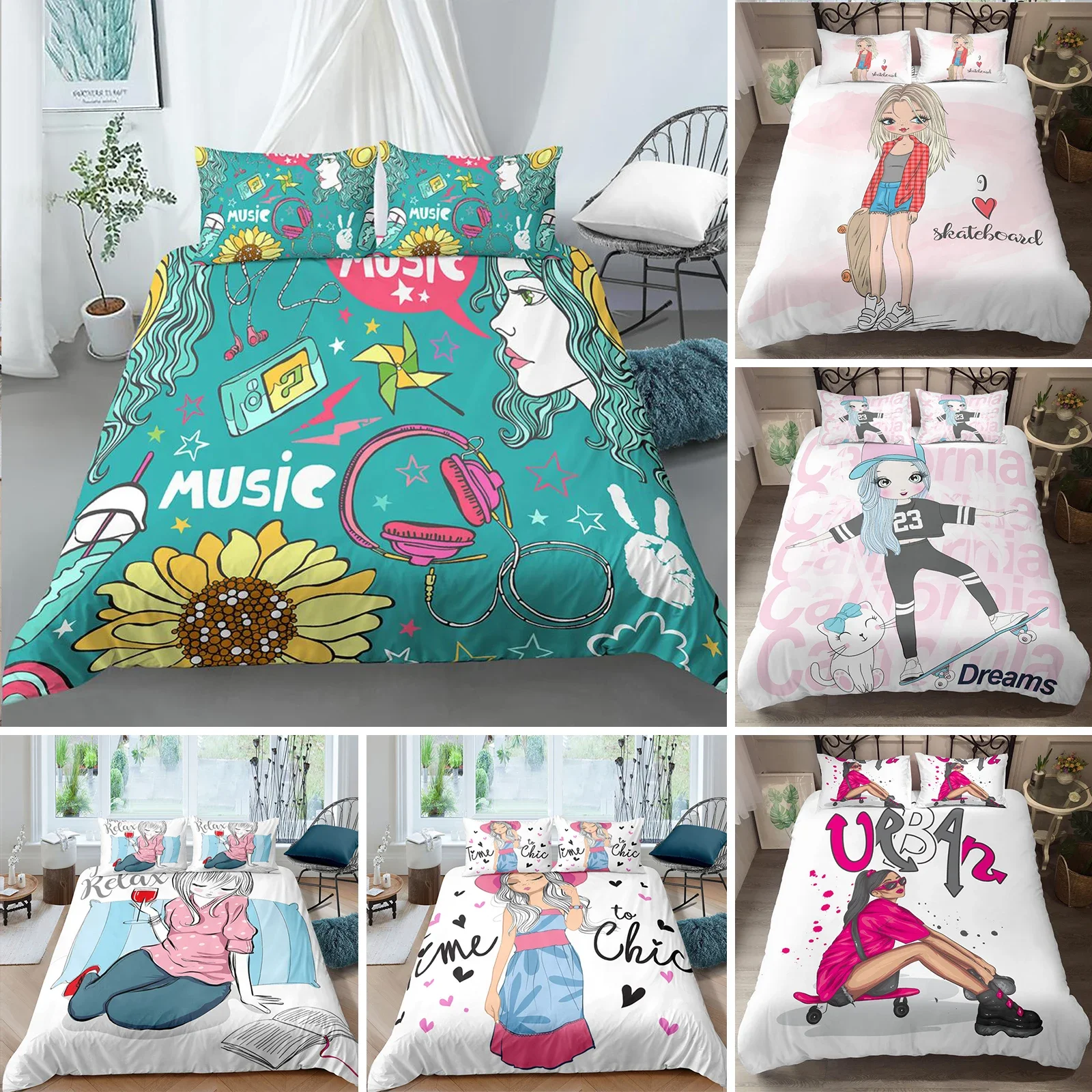 

Musical Girl King Queen Duvet Cover Modern Fashion Girly Bedding Set for Kids Teens Adults Cartoon Hip Hop style Quilt Cover