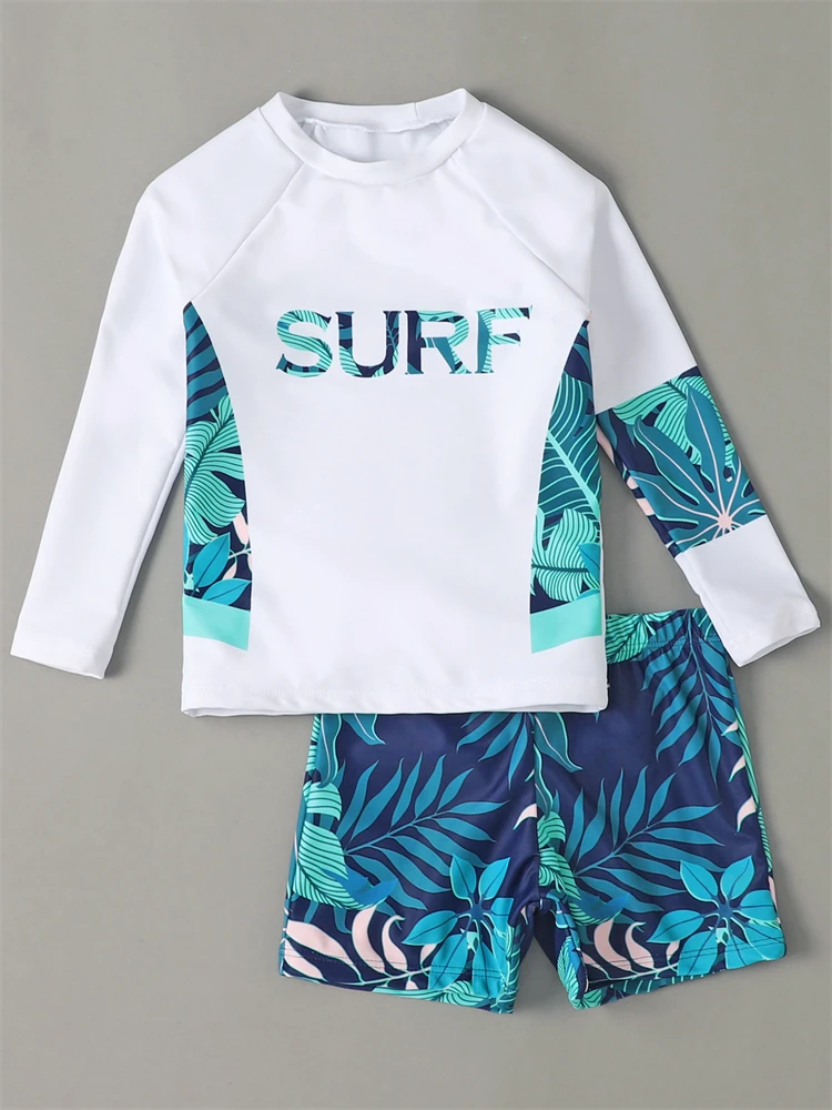 Boy Swimsuit 2024 New Leaves Print Long Sleeve Children Swimwear Summer Two Piece Kids Beach Wear Swimming Bathing Suit Boys Men