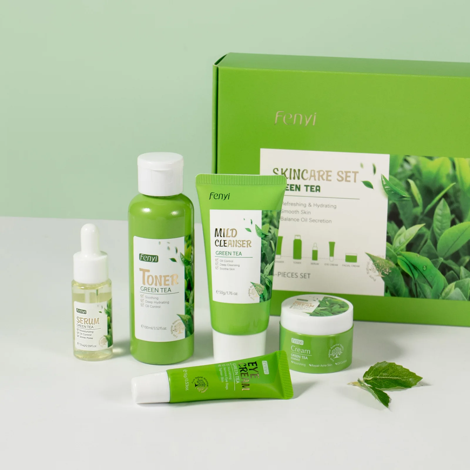 5pcs/box Skin Care Set Green Tea Facial Cleaner Soothes Skin Face Toner Tea Serum Moisturizing Cream Repairing Eye Cream Kits