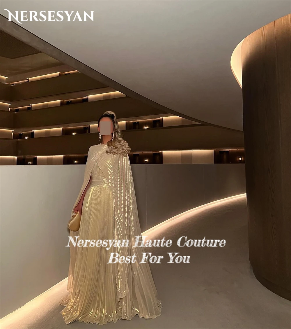 Nersesyan Elegant Pleats Fomal Evening Dresses Cape Sleeves A-Line O-Neck Prom Dress Saudi Arabia Pageant Celebrity Party Gowns