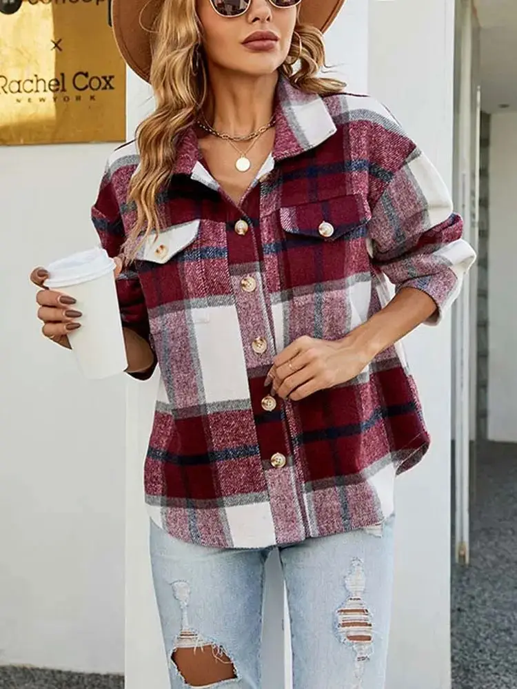 Herbst kariertes Jaet-Damenmantel, Hemd, Cheered-Design, lässig, schick, kamelfarbene Daunenfüllung, Damenmode für den Herbst 2023, Herbst